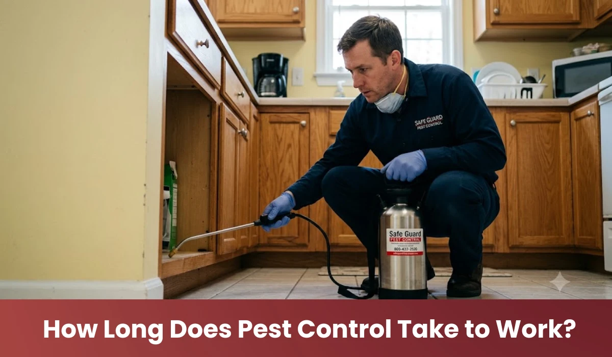 A pest control technician spraying a kitchen cabinet.