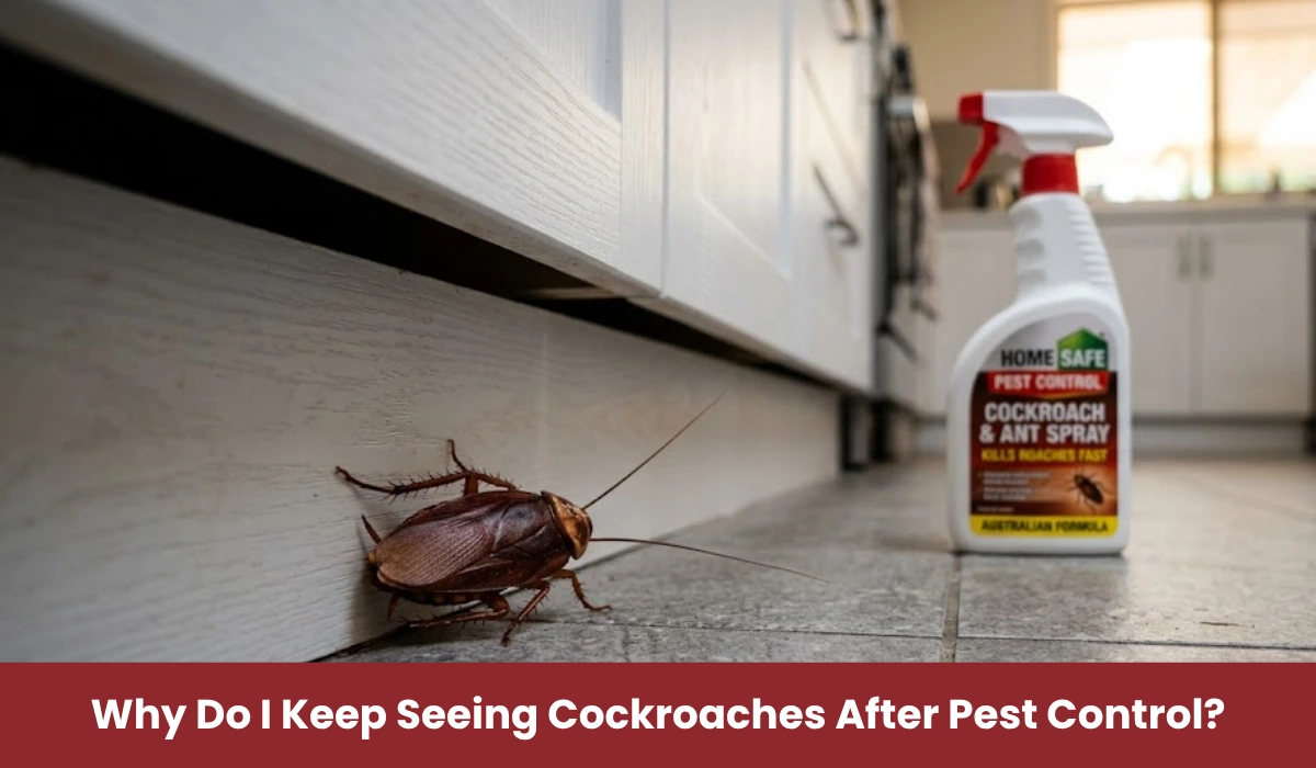 Cockroach hiding under kitchen cabinet after pest control treatment